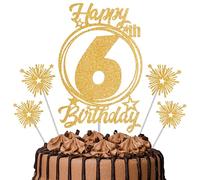 Gold Glitter 6th Birthday Cake Topper Set with Sparkle Picks - Happy Birthday Cake Decorations for Cake Smash, Milestone Parties & Dessert Table Décor