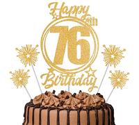 Gold Glitter 76th Birthday Cake Topper Set with Sparkle Picks - Happy Birthday Cake Decorations for Cake Smash, Milestone Parties & Dessert Table Décor