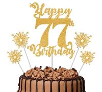 Gold Glitter 77th Birthday Cake Topper Set - 5 Piece Premium Glitter Birthday Decoration & Party Supplies for Men, Women & Kids - 77th Birthday