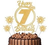Gold Glitter 7th Birthday Cake Topper Set with Sparkle Picks - Happy Birthday Cake Decorations for Cake Smash, Milestone Parties & Dessert Table Décor