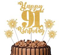 Gold Glitter 91st Birthday Cake Topper Set - 5 Piece Premium Glitter Birthday Decoration & Party Supplies for Men, Women & Kids - 91st Birthday