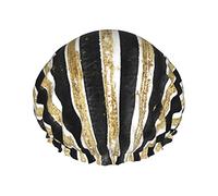 Gold Glitter Black And White Stripes Waterproof Shower Cap,Elastic Bathing Hair Cap Environmental Protection Hair Bath Caps, Double WaterproofBathing Shower Hat