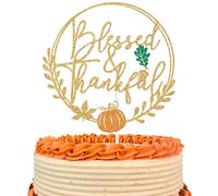 Gold Glitter Blessed & Thankful Cake Topper, Thankful Grateful Blessed/Happy Friends Giving, Fall Harvest Thanksgiving Day Themed Party Decorations Supplies