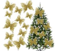 Gold Glitter Butterfly Decorations Christmas Tree Butterfly Ornaments Artificial Butterflies with Clip & Stem for Xmas Party Wreath Garland Decor - 12-Pack 5inch 3D Hollow Butterflies