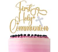 Gold Glitter First Holy Communion Cake Topper, Rosary Cross My Baptism Decor, Religious Christening Baptism Baby Shower Party Decorations Supplies