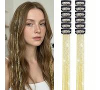 Gold Glitter Hair Tinsel Extensions With Clip - 12Pcs 20 Inch Sparkling Strands For Instant Glamour, Party Festival Hair Accessories, Shimmering Claw Clip On Decorations For Women Girls