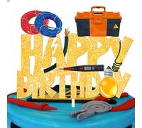 Gold Glitter Happy Birthday Tools Cake Topper Cheer to Power Electrician Lineman Theme Decor Supplies Boy Man Birthday Party Decorations