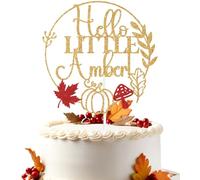 Gold Glitter Hello Little Amber Cake Topper, Autumn Baby Shower/Cozy Fall/Newborn Celebration, Pumpkin Maple Leaf Acorn Woodland Baby Shower Baby's Birthday Gender Reveal Decorations
