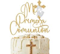 Gold Glitter Mi Primera Comunion Cake Topper, God Bless This Child, Spanish Religious Baptism Baby Shower Christening Bridal Shower Engagement Party Decorations