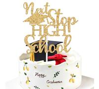 Gold Glitter Next Stop High School Cake Topper, Congrats 8th Grade Grad Cake Decor, Goodbye Middle School Hello High School, 2026 8th Grade Graduation Party Decorations Supplies Gold Glitter