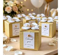 Gold Glitter Party Favor Boxes, 6.5×6.5cm Cube Candy Gift Boxes with 3D White Flower & Thank You Tags, 20 Pcs Small Treat Boxes for Wedding Birthday Holiday Corporate Event Guest Souvenir (glitter