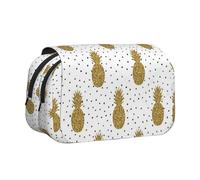 Gold Glitter Pineapples Fruit Flip-Top Double-Layer Pencil Case,Large Capacity (Holds 50 Pens/Pencis),Full-Print Durable Polyester School Office Supplies