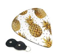 Gold Glitter Pineapples Fruit Printed Guitar Picks, 6 Pack with Leather Keychain Pick Holder - 0.46mm, 0.71mm, 0.96mm Assorted Thickness for Acoustic Ukulele, Electric Guitar, Acoustic Guitar, Bass