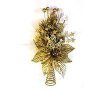 GOLD Glitter Poinsettia Flower CHRISTMAS TREE TOPPER with Berry & Star Detail - 36cm