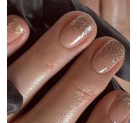 Gold Glitter Press On Nails - 24pcs Nude Pink Almond Shape Acrylic False Nails with Gold Sparkle Tips - Short ABS Stick On for Holiday & Winter Glam Looks