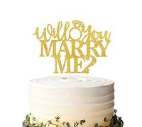 Gold Glitter 'Will You Marry Me?' Marry Me Proposal Cake Topper, Engagement Ring Topper