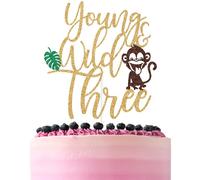 Gold Glitter Young & Wild Three Cake Topper, Happy 3rd Birthday/Cheers to 3 Years, Jungle Safari Animals Leaf Themed Baby's 3rd Birthday Party Decorations Supplies