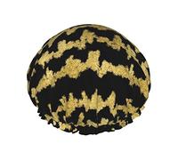 Gold Glitter Zigzag Black Waterproof Shower Cap,Elastic Bathing Hair Cap Environmental Protection Hair Bath Caps, Double WaterproofBathing Shower Hat