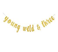 Gold Glittery Young Wild & Three Banner for 3rd Birthday Decor,3rd Birthday Banners,3rd Birthday