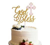 Gold God Bless Cake Topper - Glitter Baptism and Christening Communion Cake Topper, Baby Shower Party Cake Decorations (Gold God Bless Cake Topper)