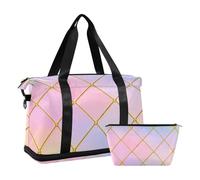 Gold Gradient Plaid Modern Rainbow Cube Personal Item Travel Bag Weekend Night Bag With Cosmetic Bag For Travel Multifunctional, Gold Gradient Plaid Modern Rainbow Cube, Gold Plaid Gradient Modern