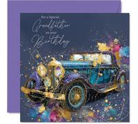 Gold Grandfather Birthday Card - Gold Car - Happy Birthday Card for Grandfather from Grandson Granddaughter, 145mm Golden Car Bday Greeting Cards