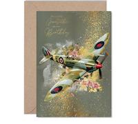 Gold Grandfather Birthday Card - Spitfire Airplane - Happy Birthday Card for Grandfather from Grandson Granddaughter, 5x7 Inch Golden Vintage Aviation Military Plane Bday Greeting Cards