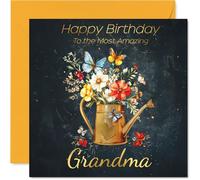 Gold Grandma Birthday Card - Watering Can Flowers - Happy Birthday Card for Grandma from Grandson Granddaughter, 145mm Golden Floral Garden Greeting Cards