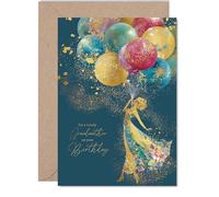 Gold Grandmother Birthday Card - Elegant Silhouette Balloons - Happy Birthday Card for Grandmother from Grandson Granddaughter, 5x7 Inch Golden Luxury Floral Dress Bday Greeting Cards