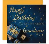 Gold Grandson Birthday Card - Golden Gifts - Happy Birthday Card for Grandson from Grandad Nanny, 145mm Golden Bday Greeting Cards