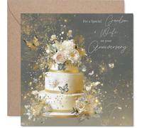 Gold Grandson & Wife Anniversary Card - Gold Cake - Happy Anniversary Card for Grandson & Wife from Grandad Grandma, 145mm Golden Wedding Anniversaries Greeting Cards