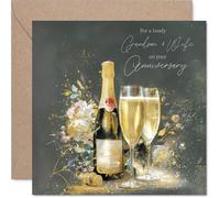 Gold Grandson & Wife Anniversary Card - Gold Champagne - Happy Anniversary Card for Grandson & Wife from Grandad Grandma, 145mm Golden Wedding Anniversaries Greeting Cards