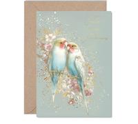 Gold Grandson & Wife Anniversary Card - Pastel Love Birds - Happy Anniversary Card for Grandson & Wife from Grandad Grandma, 5x7 Inch Golden Anniversaries Greeting Cards