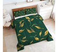 Gold Green Leaves Double Duvet Coverless, Reversible Design, Dark Green Comforter & 2 Pillow Cases for Bedroom Decor, 10.5 Tog Ultra Soft Microfibre, All Seasons sm1558