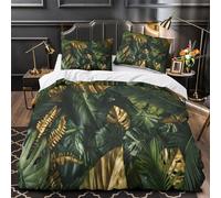 Gold Green Tropical Palm Leaves Kids Bedding Set Full Size Comforter Set 3Pcs Breathable Duvet Cover Set Ultra Soft 3D Quilt Set with Zipper Closure Bedclothes, Easy Care Durable King（220x240cm）