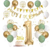 Gold Green White First Birthday Decorations Set with Large Foil Number 1 Balloon - Elegant Happy Birthday Banner & Cake Topper Set for Boy or Girl 1st Year Party Decorations