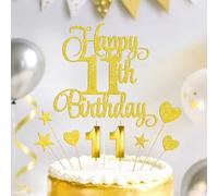 Gold Happy 11th Birthday Cake Decorations, Glitter 11th Birthday Cake Toppers Set and Numeral 11 Candles for Birthday Party Supplies, Heart Star Cupcake Decorations