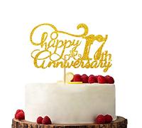 Gold Happy 17th Anniversary Cake Topper, Engagement Anniversary Cake Topper, Glitter Cake Decorations for 17th Anniversary Wedding Party