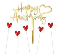 Gold Happy Anniversary Cake Topper, Glitter Gold Happy Anniversary Cupcake Toppers with Red Heart Cake Toppers for Cupake Decorations, Women Men Wedding Memorial Decor Supplies