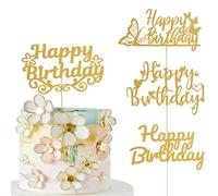 Gold Happy Birthday Cake Topper - 4-Pack Single-side Gold Glitter Happy Birthday Cake Toppers, Reusable Birthday Decorations for Children or Adults.