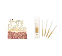 Gold Happy Birthday Cake Topper Acrylic & Gold Candles 16pk Bundle