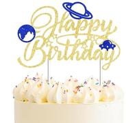 Gold Happy Birthday Cake Topper, Outer Space Galaxy Planet Cake Decor for Boys, Girls, or Kids Themed Birthday Party Supplies