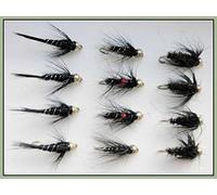 Gold Head Nymph Trout Flies, 12 Pack, Bibio, Black/Peacock, Black/Silver 10/12