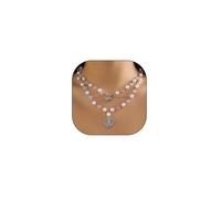 Gold Heart Pearl Statement Necklace for Women Layered Stacked Bead Hollow Butterfly Heart Pendant Choker Exquisite Pearl Clavicle Chain Jewelry Gifts, L, Zinc, No Gemstone