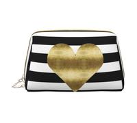 Gold Heart Stripe Print Makeup Bag Portable Leather Waterproof Cosmetic Bag Clutch Makeup Brush Bag (6.7x4.3in)