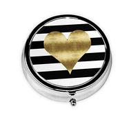 Gold Heart Stripe Print Pill Box for Pocket Round Pill Box 3 Compartment Decorative Portable Travel Pill Holder Tablet Vitamin Organizer Mini Pill Case(2pcs)