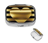 Gold Heart Stripe Square Metal Pill Box 2 Compartment Cute Travel Pill Organizer Case Portable Medicine Vitamin Organizer Pill Case for Women Men Travel Unique Gift