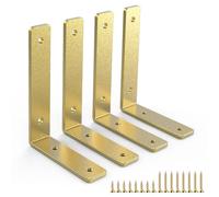 Gold Heavy Duty Shelf Brackets 6 Inch, Rustic Gold Iron L Shelf Bracket, Industrial Modern Metal Floating Shelf with Hardware for DIY Open Shelving, 4 Pack