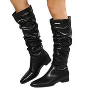 Gold Heels Women Block Heel Fashion Over The Knee Boots Women Zip Round Toe Knee High Shoe Mid Heels Long Boot Girls School Shoes (Black #2, 6)