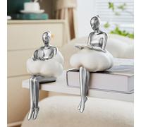 Gold Home Decor Women Thinker Statue, Modern Bookshelf Figurines Accent Decorations for Living Room, Resin Abstract Art Collectible for Office Bedroom Table Desk (Silver)